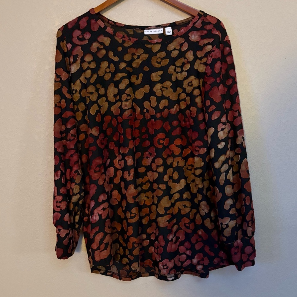 Susan Graver Women’s XLP Sheer Leopard Print Tunic Top Black Red Brown Colorful - Picture 2 of 6